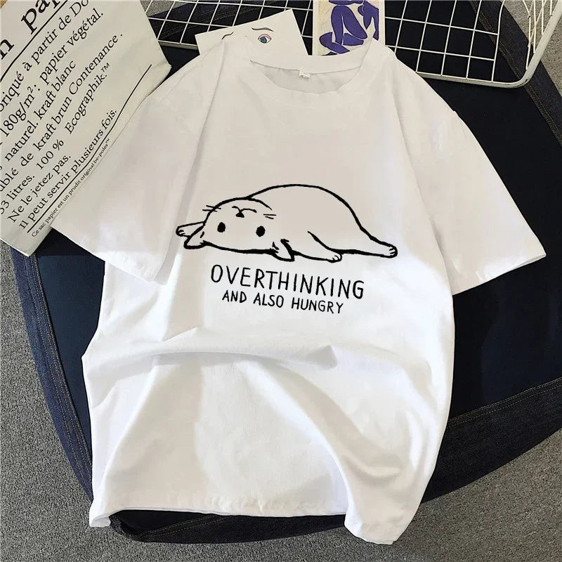 90s Graphic Rock Top Tees Female Simple Brush Drawing Cat T Shirt Harajuku Vintage T-shirt Fashion Queen Women&