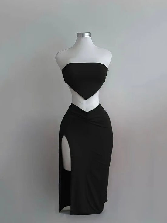 Strapless Backless Crop Top High Waist Skirt 2 Piece Set Women Summer Sexy Slim Fit Split Midi Dress Tube Suits Party Club Sets